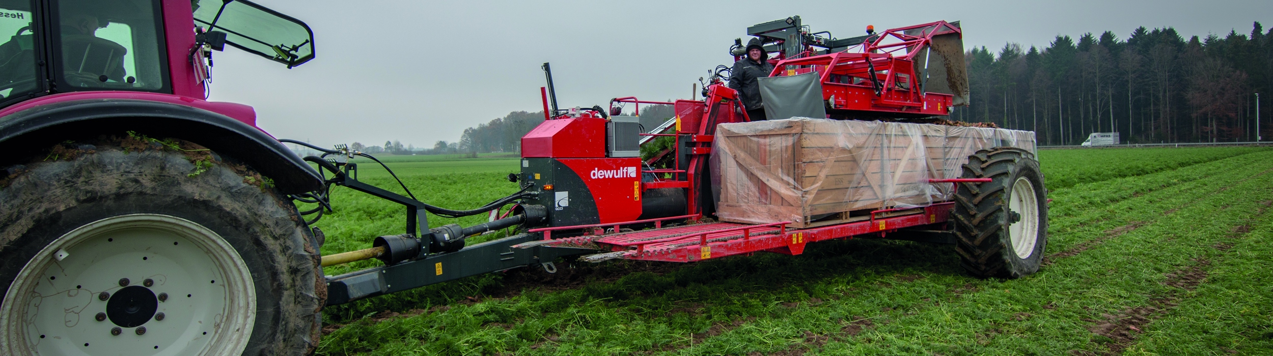 Trailed 1-row top lifting harvester with continuous container transport system