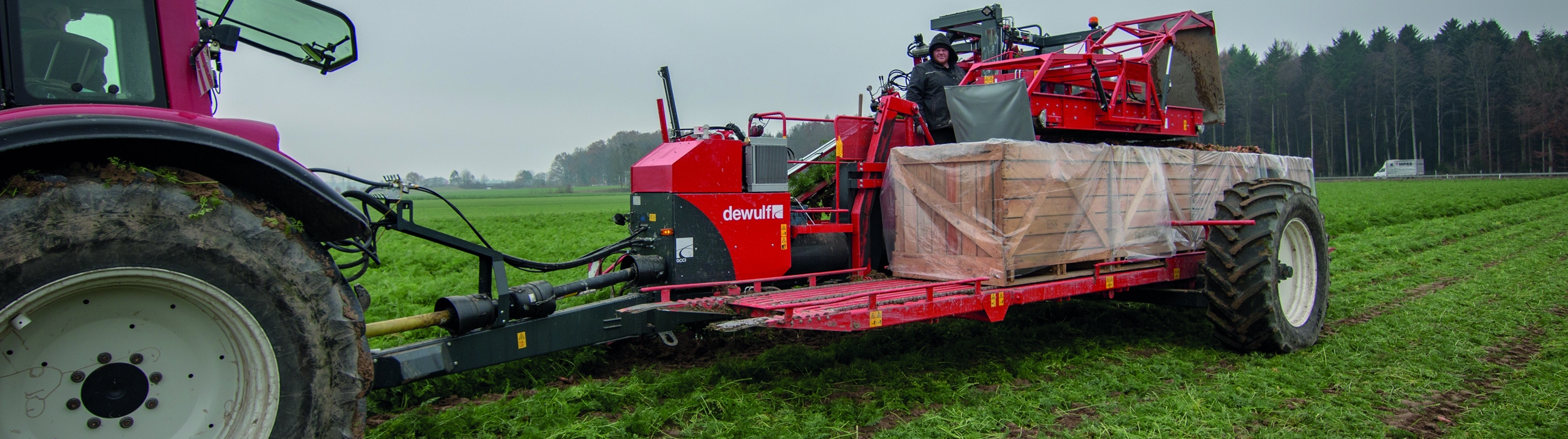 Trailed 1-row top lifting harvester with continuous container transport system